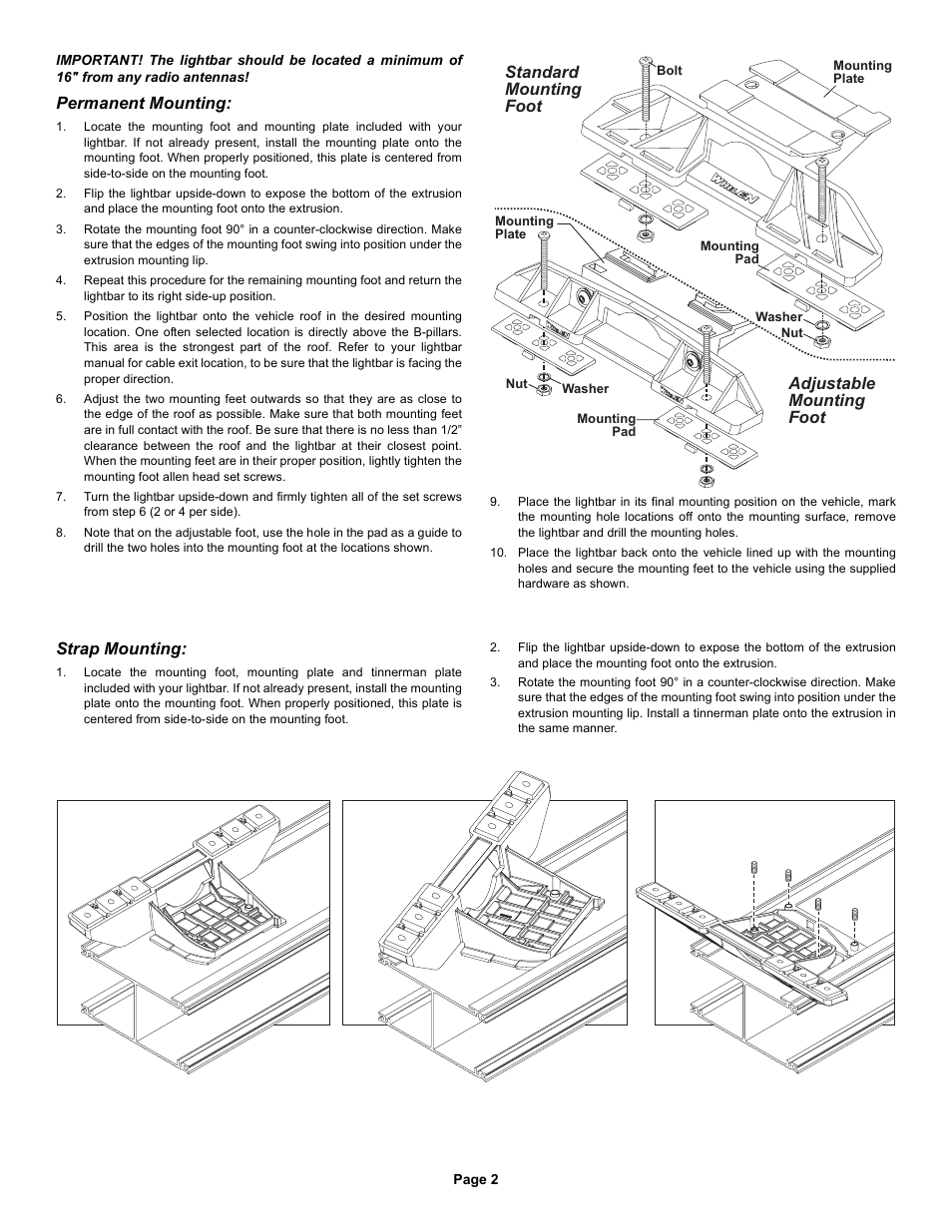 Adjustable mounting foot, Standard mounting foot, Strap mounting | Permanent mounting | Whelen FC4JJJJ User Manual | Page 2 / 4