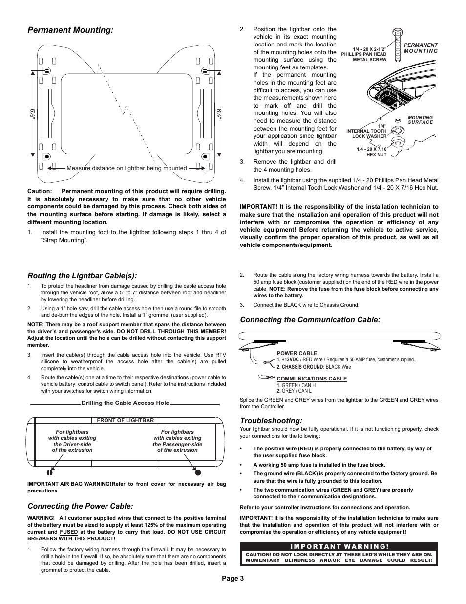 Permanent mounting, Routing the lightbar cable(s), Connecting the power cable | Connecting the communication cable, Troubleshooting | Whelen IB8JJJJ User Manual | Page 3 / 6