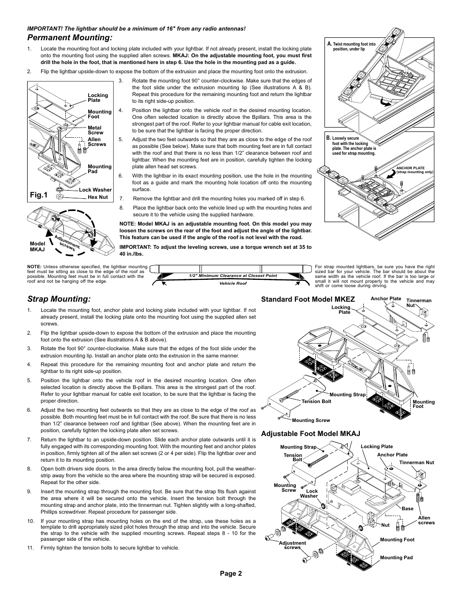 Permanent mounting, Strap mounting, Fig.1 | Page 2, Standard foot model mkez, Adjustable foot model mkaj | Whelen S341 User Manual | Page 2 / 4