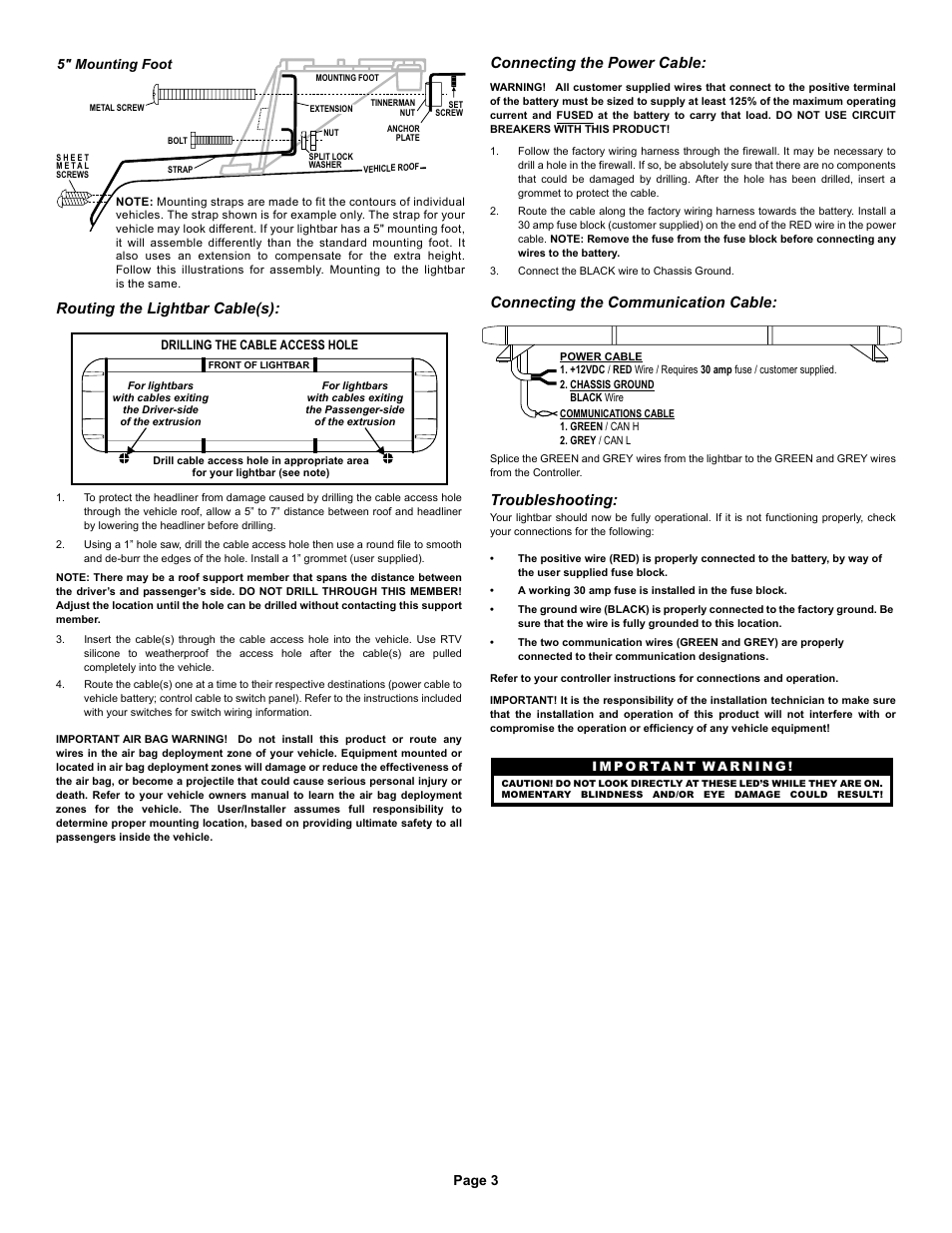 Routing the lightbar cable(s), Connecting the power cable, Connecting the communication cable | Troubleshooting, Page 3 | Whelen S341 User Manual | Page 3 / 4