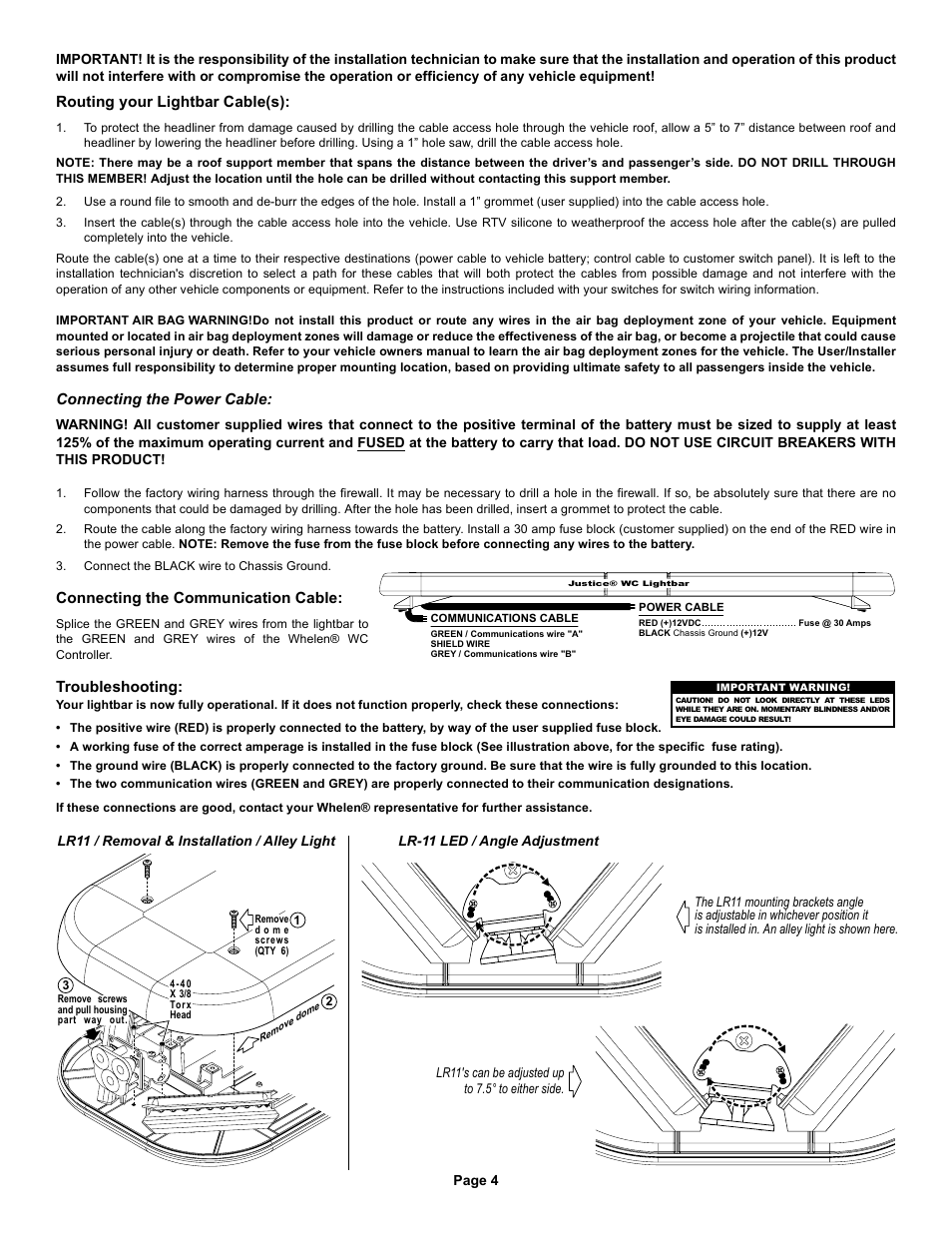 Routing your lightbar cable(s), Connecting the power cable, Connecting the communication cable | Troubleshooting | Whelen JV8AAAA User Manual | Page 4 / 4