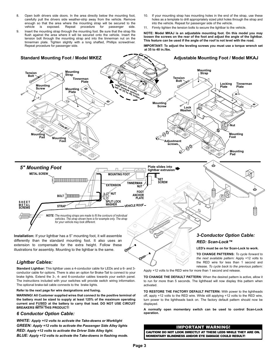 5" mounting foot, Lightbar cables, 6 conductor option cable | Conductor option cable | Whelen JC4AAAA User Manual | Page 3 / 4