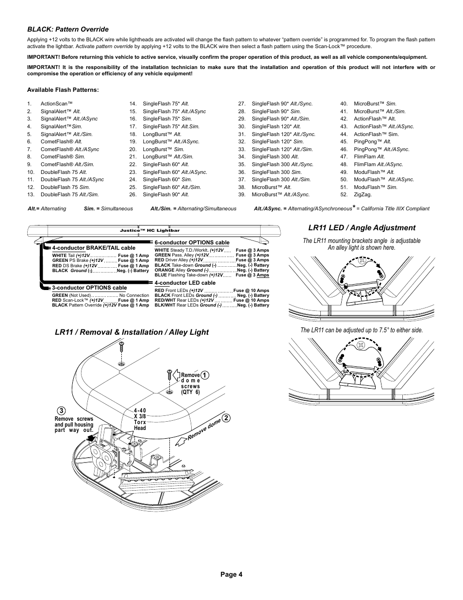 Lr11 / removal & installation / alley light, Lr11 led / angle adjustment, Page 4 | Whelen JC4AAAA User Manual | Page 4 / 4