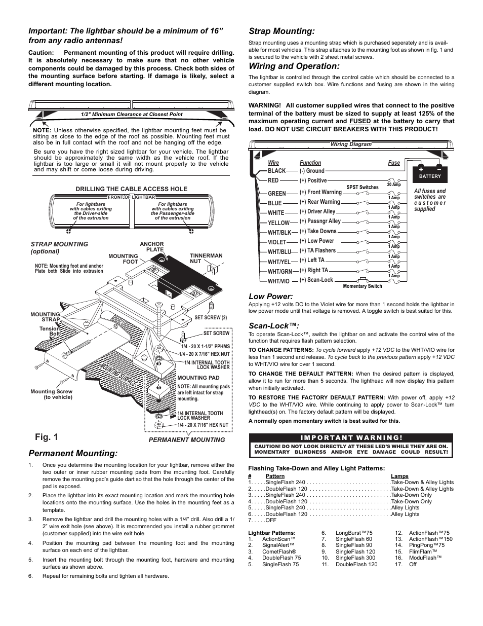 Fig. 1, Permanent mounting, Strap mounting | Wiring and operation, Low power, Scan-lock | Whelen CE4AAAA User Manual | Page 2 / 3