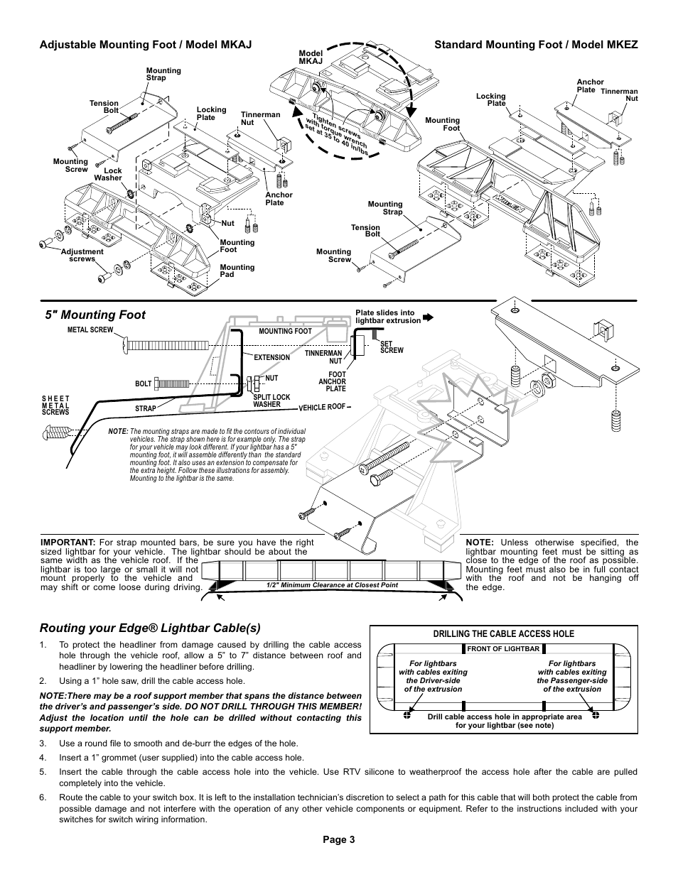 5" mounting foot, Routing your edge® lightbar cable(s), Page 3 | Whelen 9M140W00 User Manual | Page 3 / 4