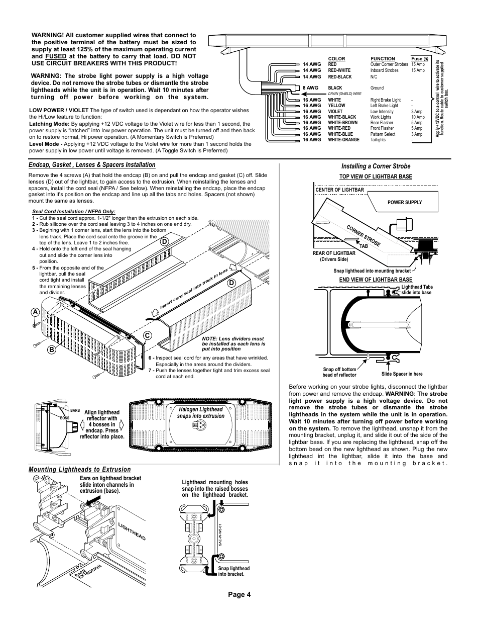 Page 4, Installing a corner strobe, Mounting lightheads to extrusion | Endcap, gasket , lenses & spacers installation | Whelen 9M140W00 User Manual | Page 4 / 4