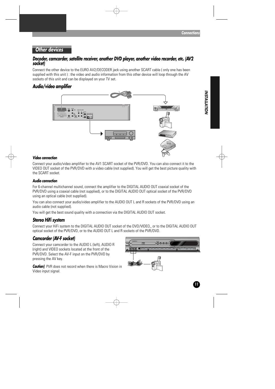 Other devices, Audio/video amplifier, Stereo hifi system | Camcorder (av-f socket), Connections, Video connection, Audio connection, Caution) | Daewoo DHD-4000D User Manual | Page 12 / 60