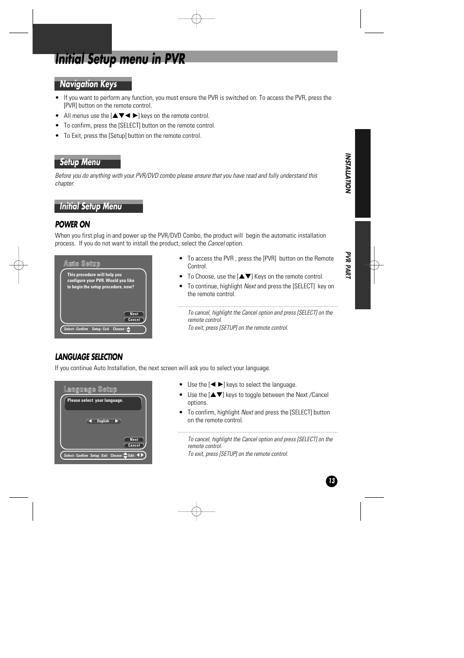 Initial setup menu in pvr, Navigation keys, Setup menu | Initial setup menu, Power on, Language selection | Daewoo DHD-4000D User Manual | Page 14 / 60