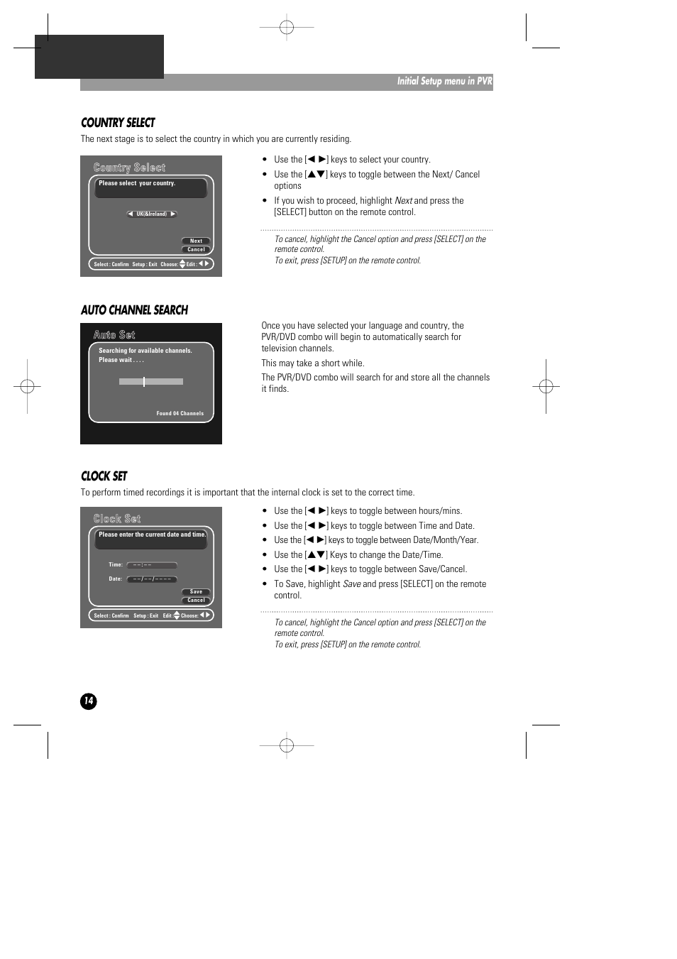 Country select, Clock set, Auto channel search | Ccllo oc ck k s se ett, Cco ou un nttrryy s se elle ec ctt, Aau utto o s se ett | Daewoo DHD-4000D User Manual | Page 15 / 60