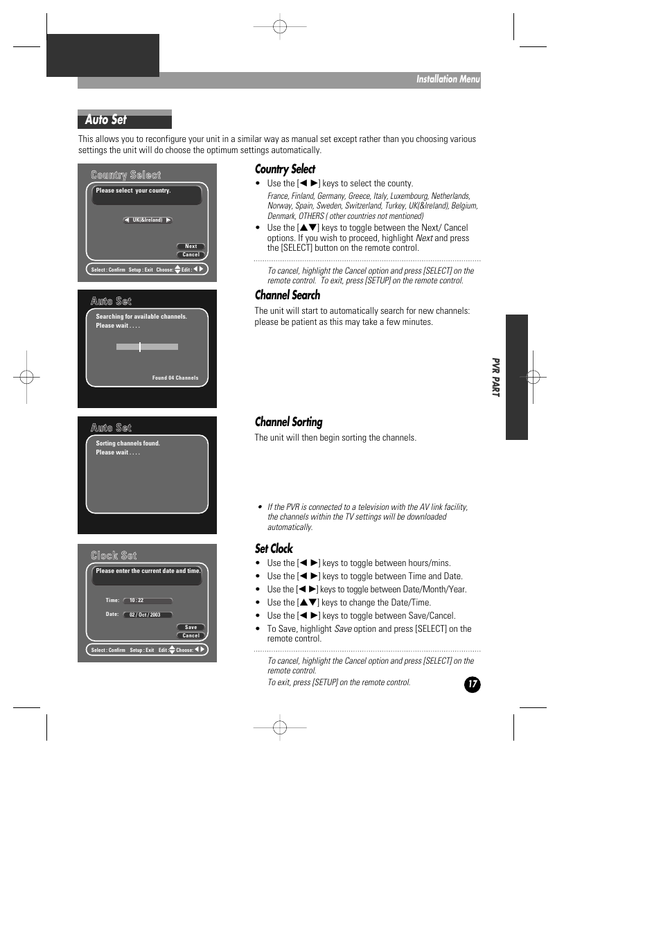 Auto set, Country select, Channel search | Channel sorting, Set clock | Daewoo DHD-4000D User Manual | Page 18 / 60