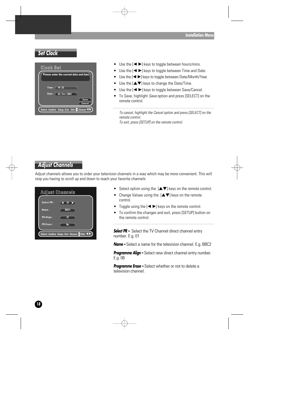 Set clock, Adjust channels, Ccllo oc ck k s se ett | Aad djju usstt c ch ha an nn ne ellss | Daewoo DHD-4000D User Manual | Page 19 / 60