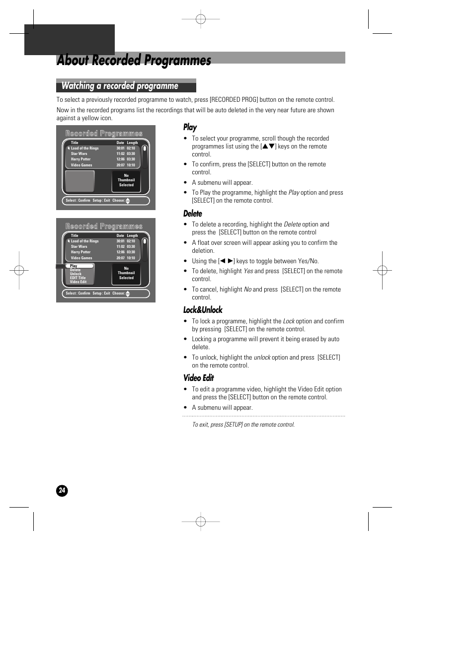 About recorded programmes, Watching a recorded programme, Play | Delete, Lock&unlock, Video edit, Rre ec co orrd de ed d p prro og grra am mm me ess | Daewoo DHD-4000D User Manual | Page 25 / 60