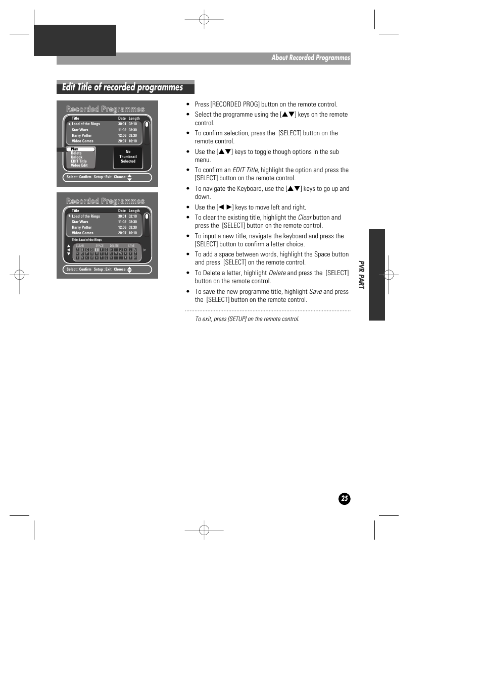 Edit title of recorded programmes, Rre ec co orrd de ed d p prro og grra am mm me ess, About recorded programmes | Daewoo DHD-4000D User Manual | Page 26 / 60