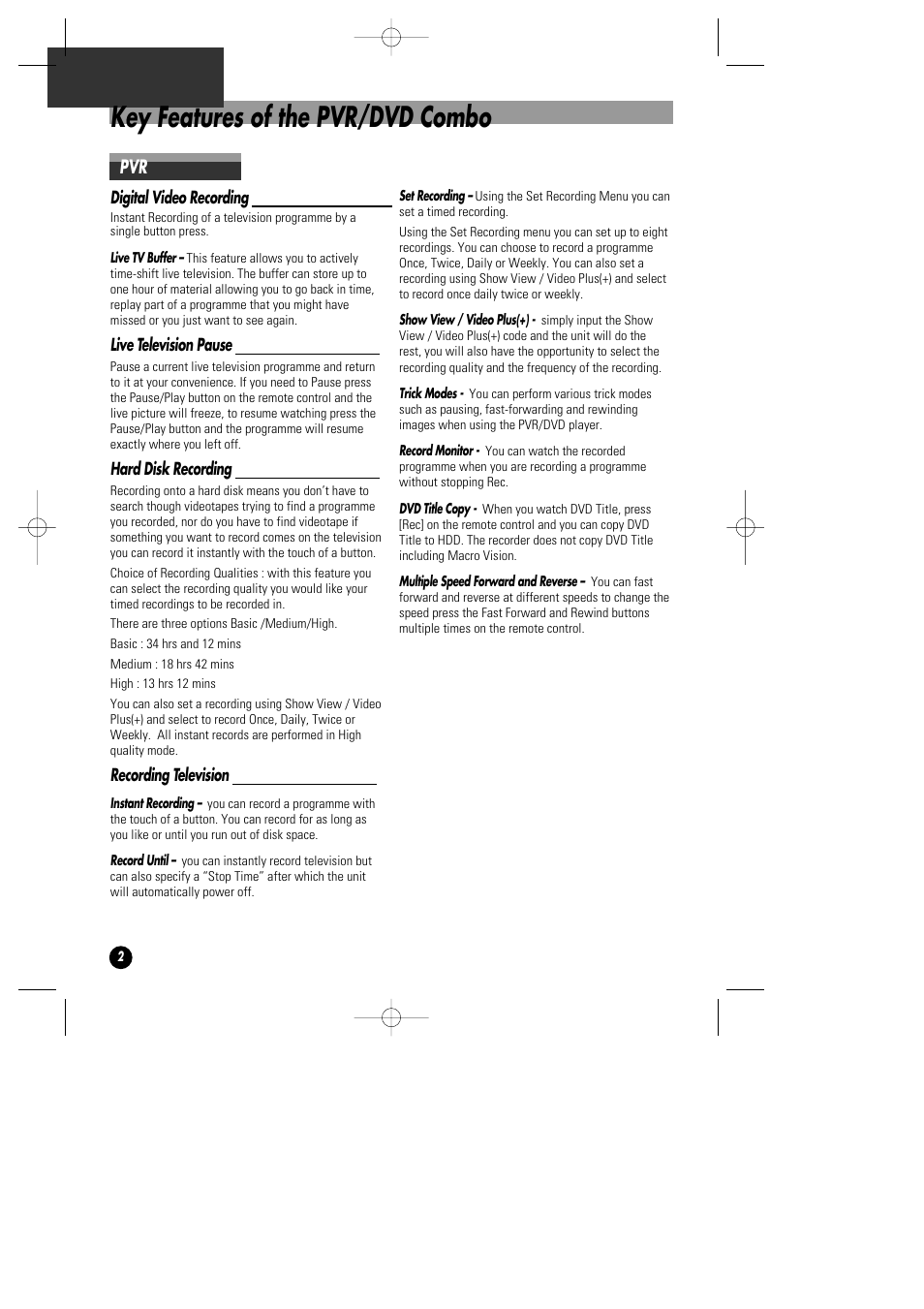 Key features of the pvr/dvd combo | Daewoo DHD-4000D User Manual | Page 3 / 60