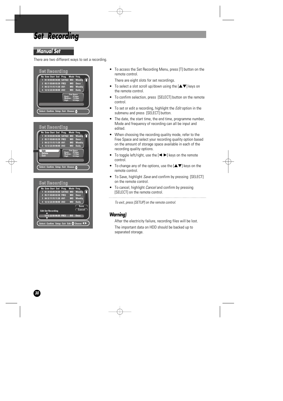 Set recording, Manual set, Warning) | Sse ett r re ec co orrd diin ng g | Daewoo DHD-4000D User Manual | Page 31 / 60