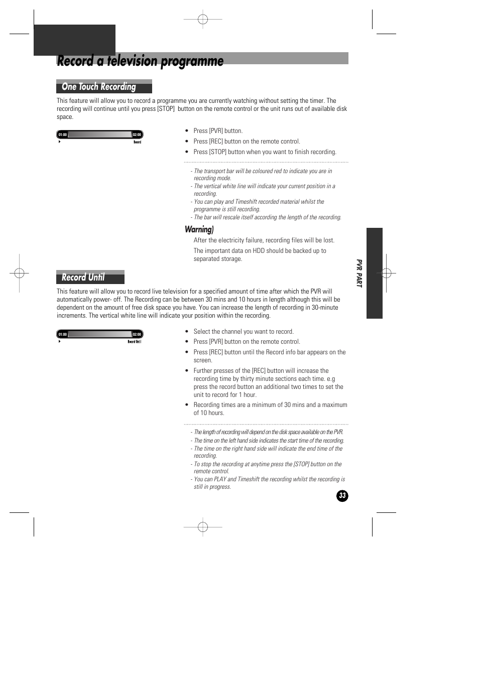 Record a television programme, One touch recording, Record until | Warning) | Daewoo DHD-4000D User Manual | Page 34 / 60