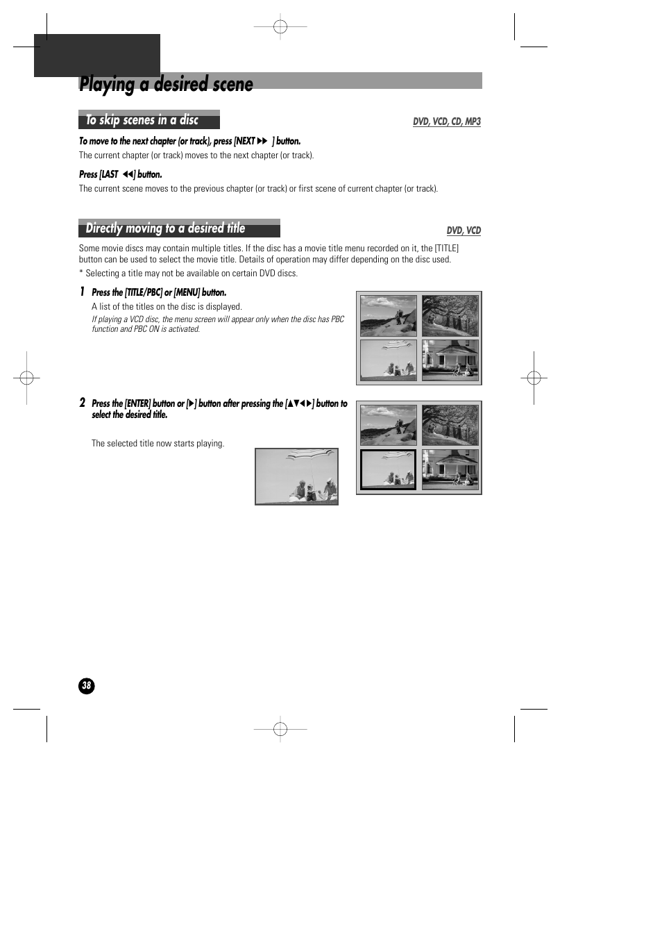 Playing a desired scene, Directly moving to a desired title | Daewoo DHD-4000D User Manual | Page 39 / 60