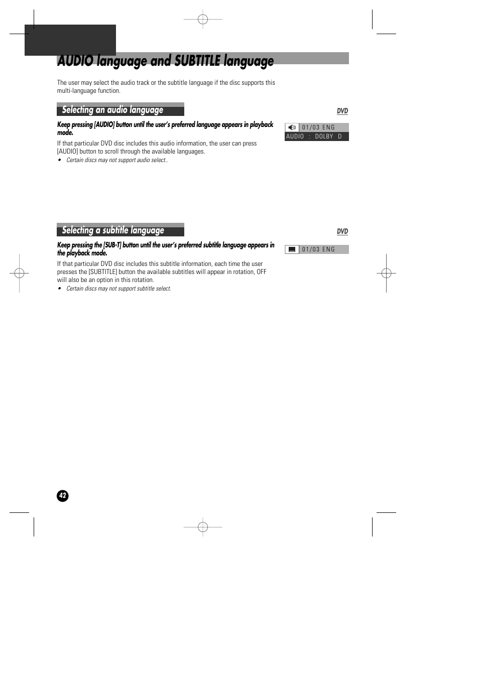 Audio language and subtitle language, Selecting an audio language, Selecting a subtitle language | Daewoo DHD-4000D User Manual | Page 43 / 60