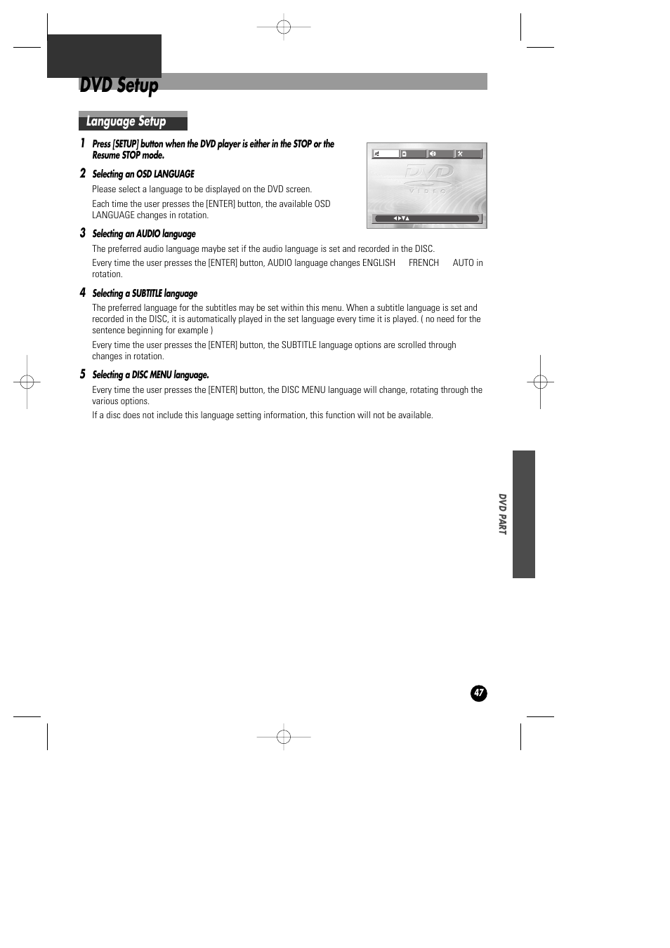 Dvd setup, Language setup | Daewoo DHD-4000D User Manual | Page 48 / 60