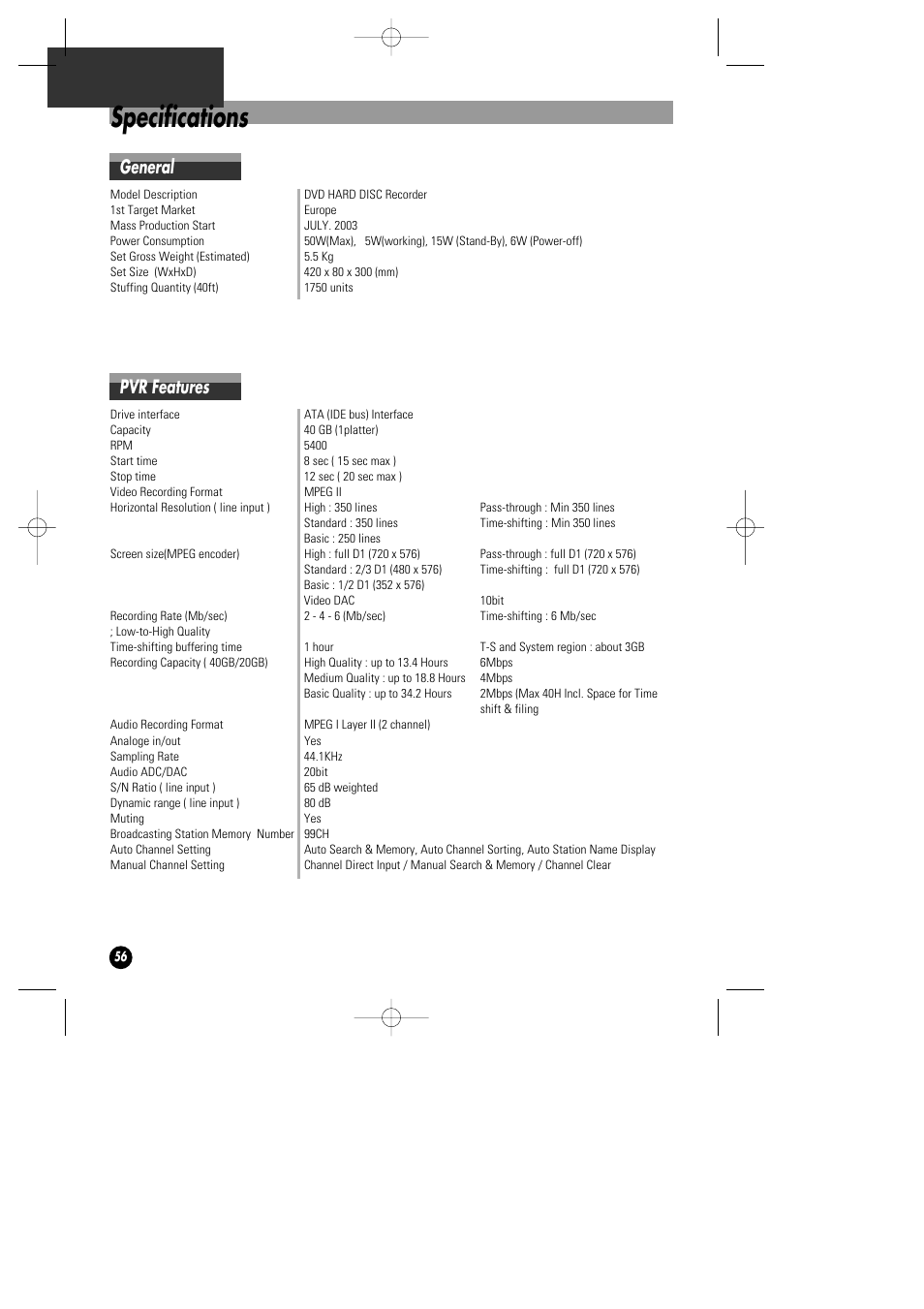 Specifications, General, Pvr features | Daewoo DHD-4000D User Manual | Page 57 / 60
