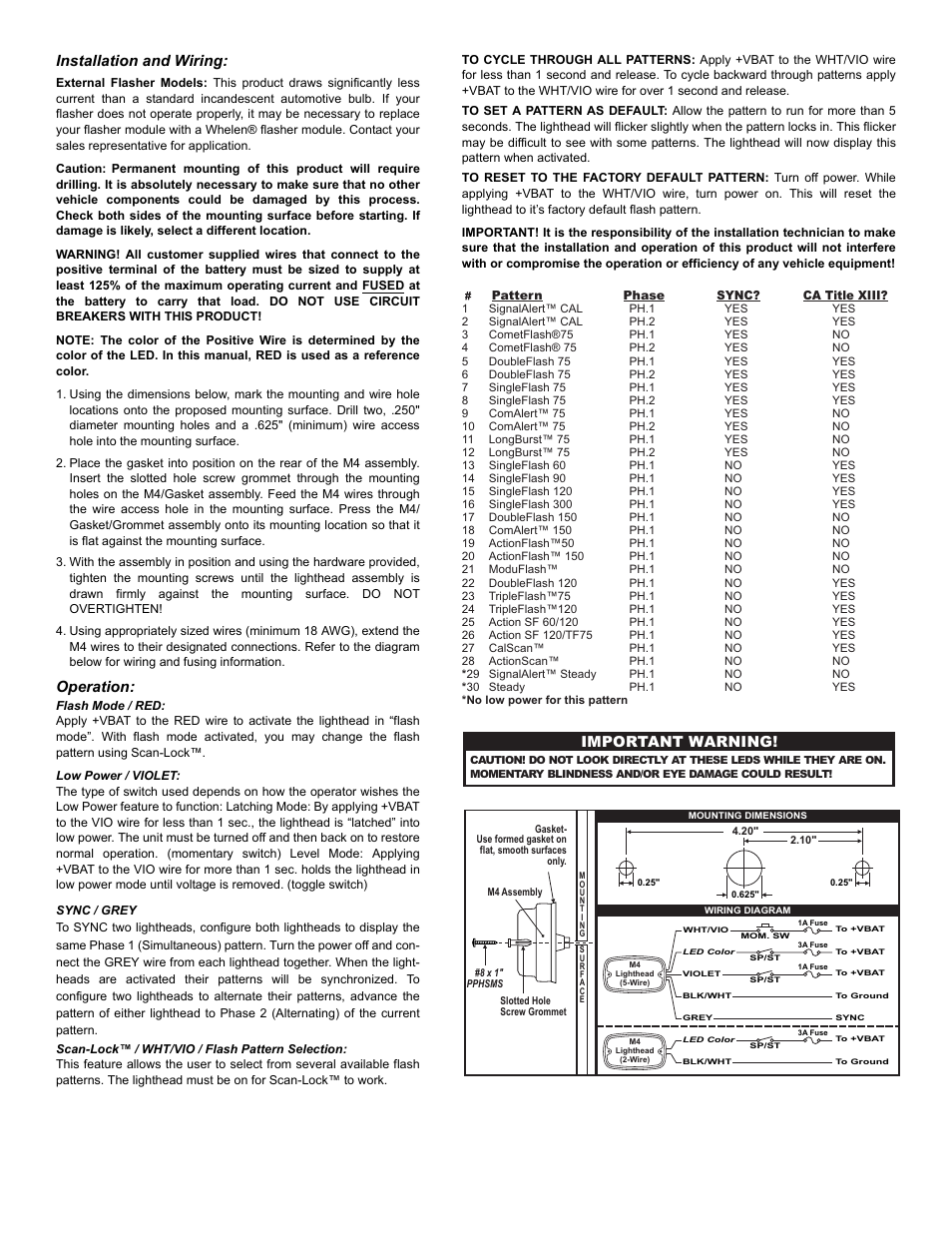 Important warning! installation and wiring, Operation, Page 2 | Whelen M4A24 User Manual | Page 2 / 2