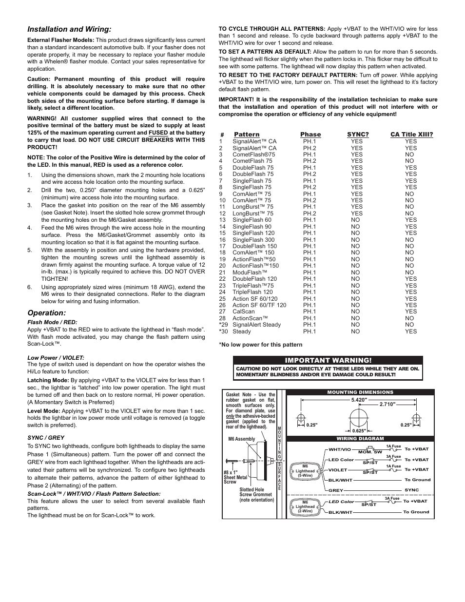 Installation and wiring, Operation | Whelen M6A24 User Manual | Page 2 / 2