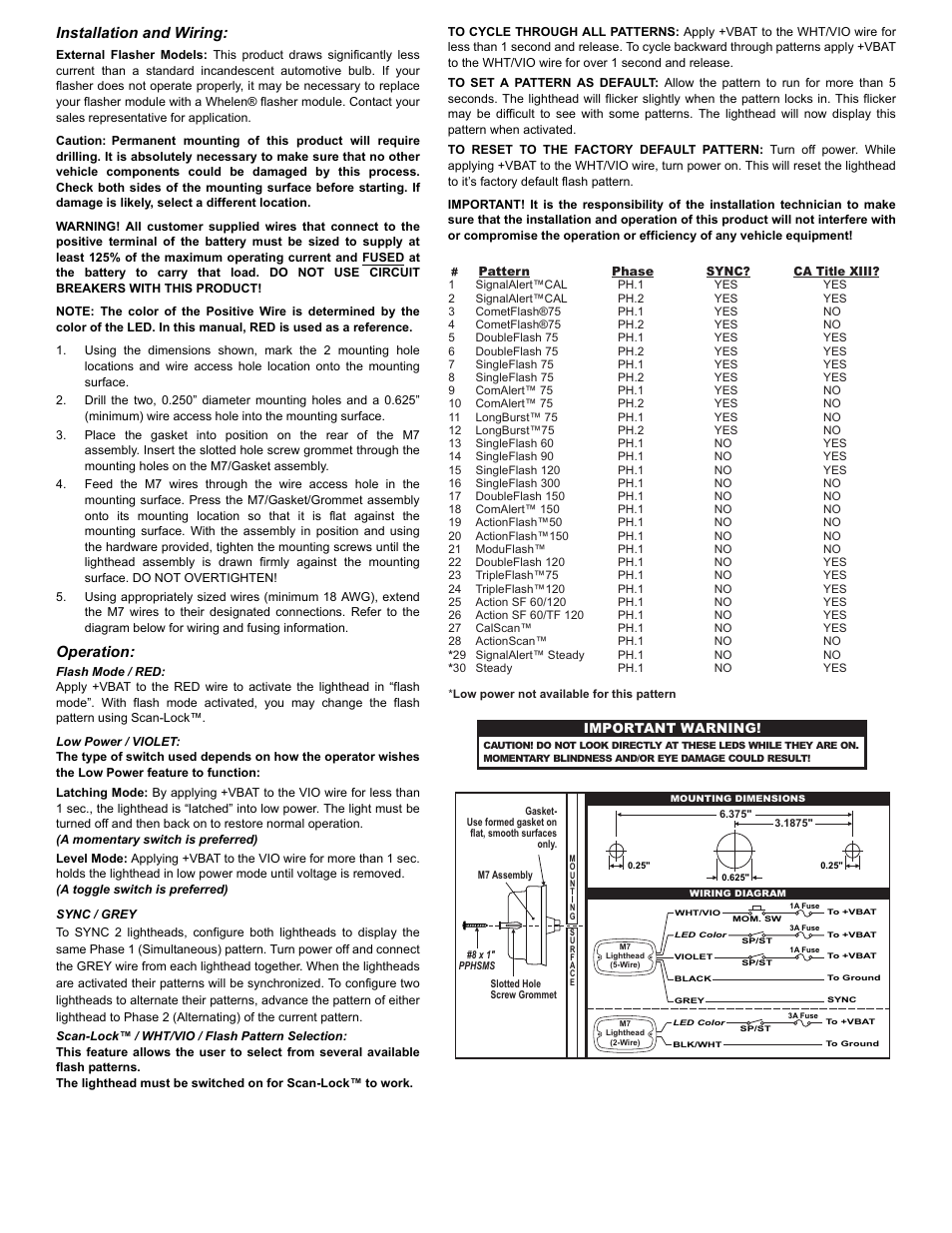 Installation and wiring, Operation, Page 2 | Whelen M7A24 User Manual | Page 2 / 2
