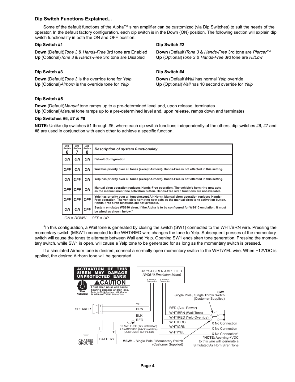 Caution, Dip switch functions explained | Whelen ALPHA24R User Manual | Page 4 / 4