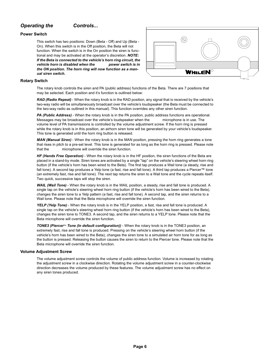 Operating the beta, Controls | Whelen BETA124R User Manual | Page 6 / 6