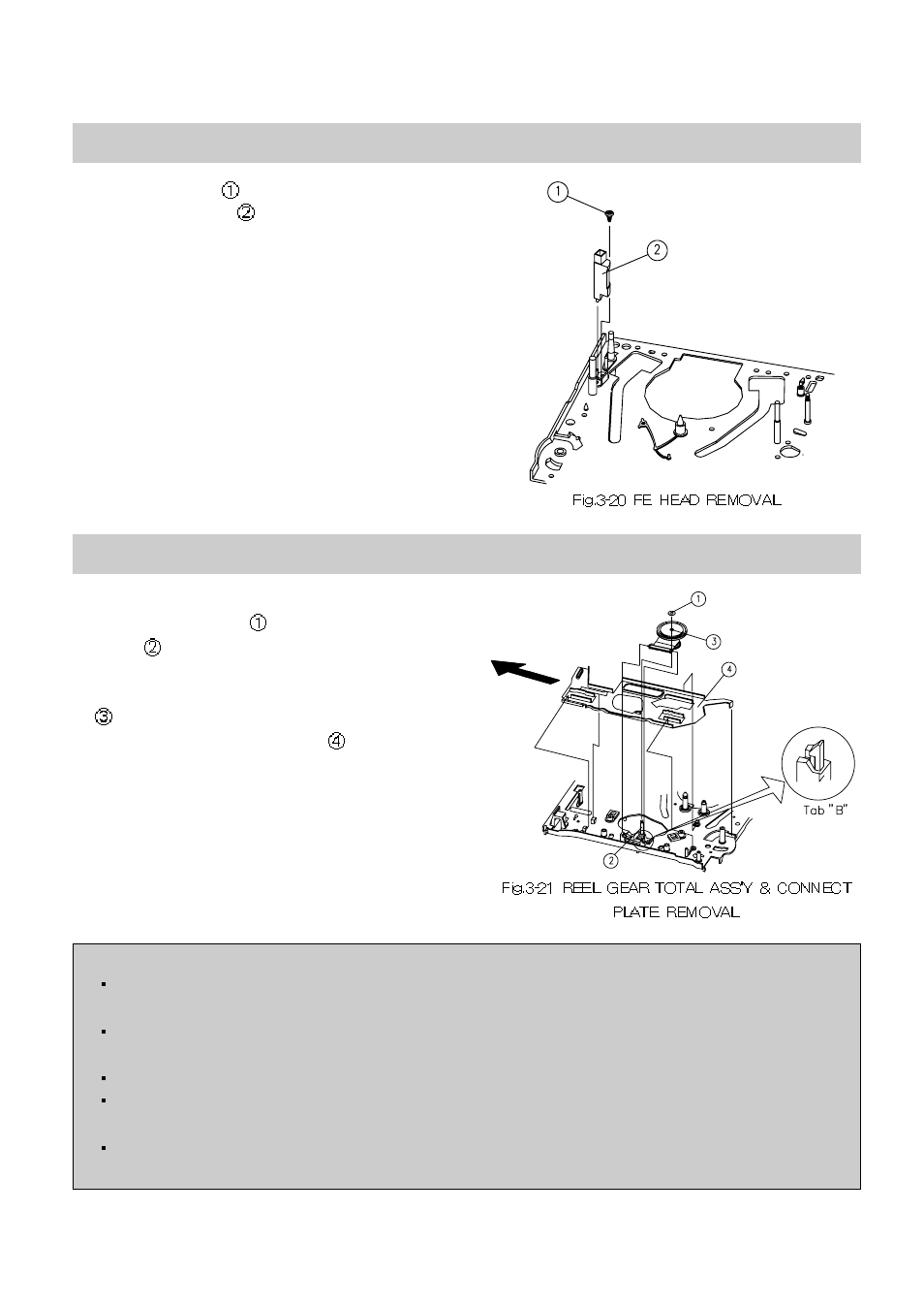 13. fe head removal, 14. reel gear total ass'y & connect plate removal | Daewoo K3050MECHA User Manual | Page 22 / 47