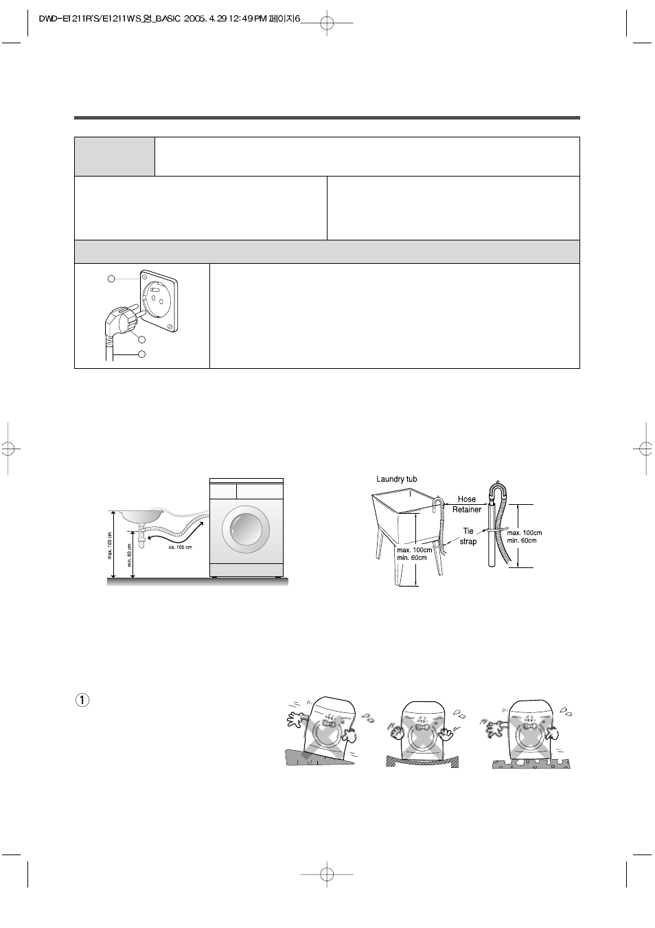 Electrical requirements, Drain system, Level adjustment | Daewoo DWD-E1211R'S User Manual | Page 6 / 32