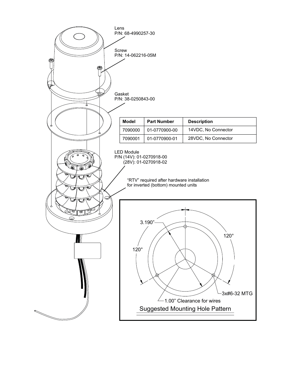 Suggested mounting hole pattern | Whelen 7090000 User Manual | Page 2 / 2