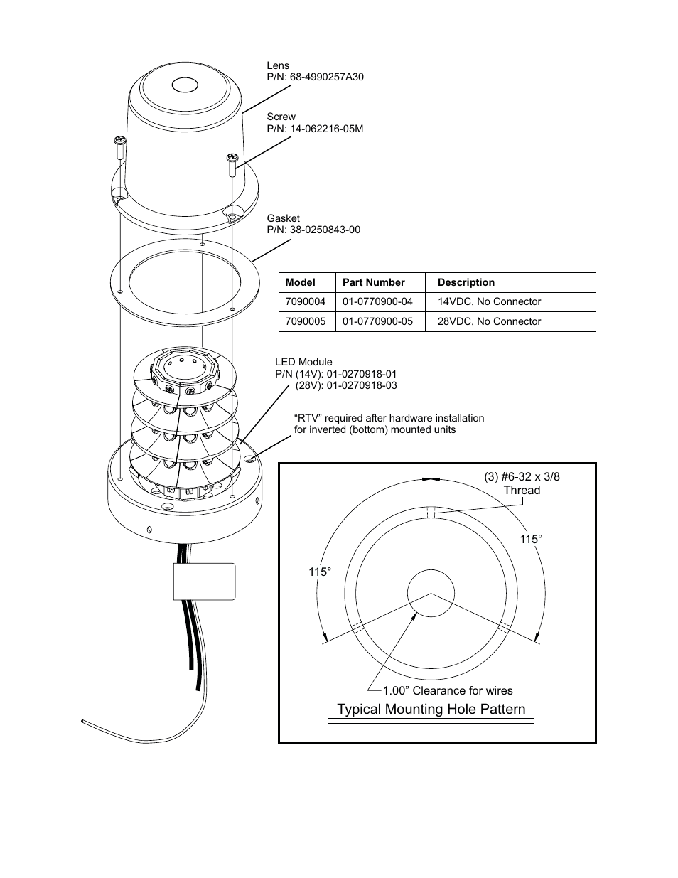 Typical mounting hole pattern | Whelen 7090004 User Manual | Page 2 / 2