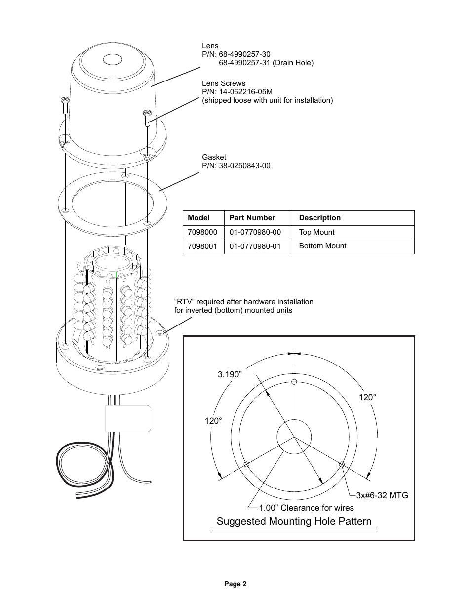 Suggested mounting hole pattern | Whelen 7098000 User Manual | Page 2 / 2