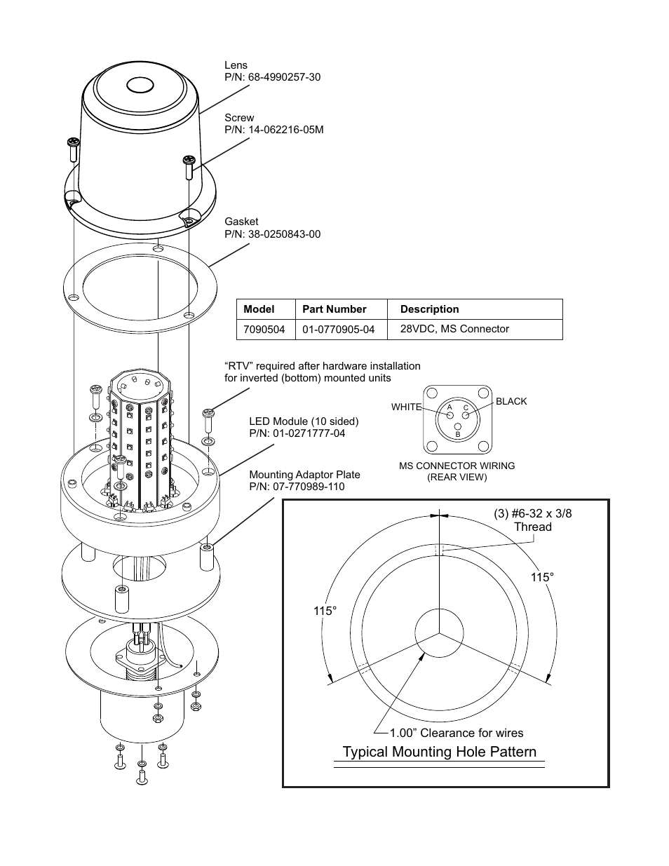 Typical mounting hole pattern | Whelen 7090504 User Manual | Page 2 / 2