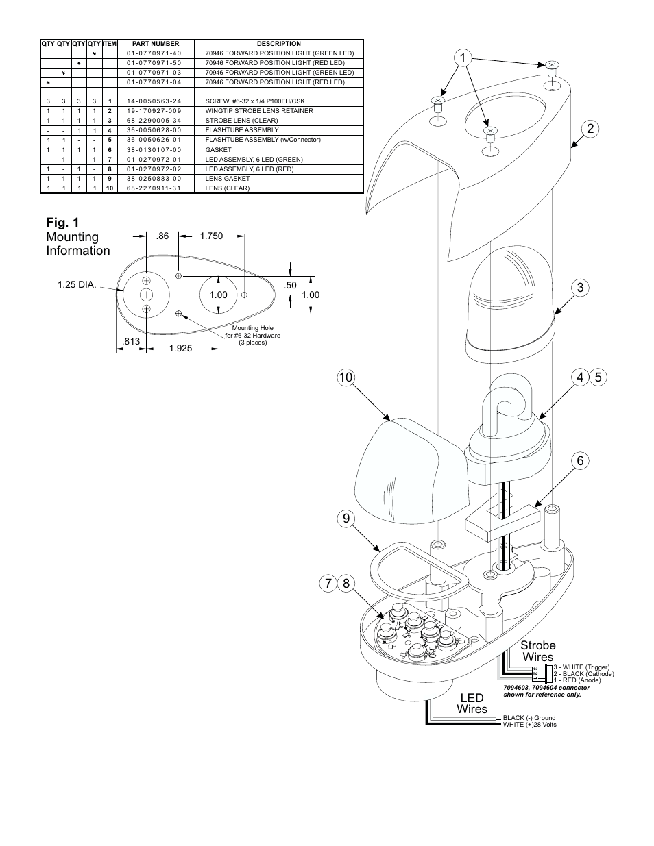 Fig. 1 mounting information, Strobe wires led wires | Whelen 7094601 User Manual | Page 2 / 2