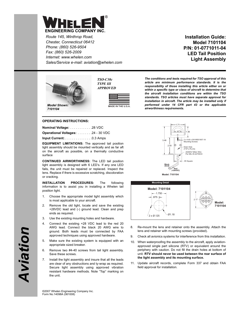 Whelen 7101104 User Manual | 2 pages