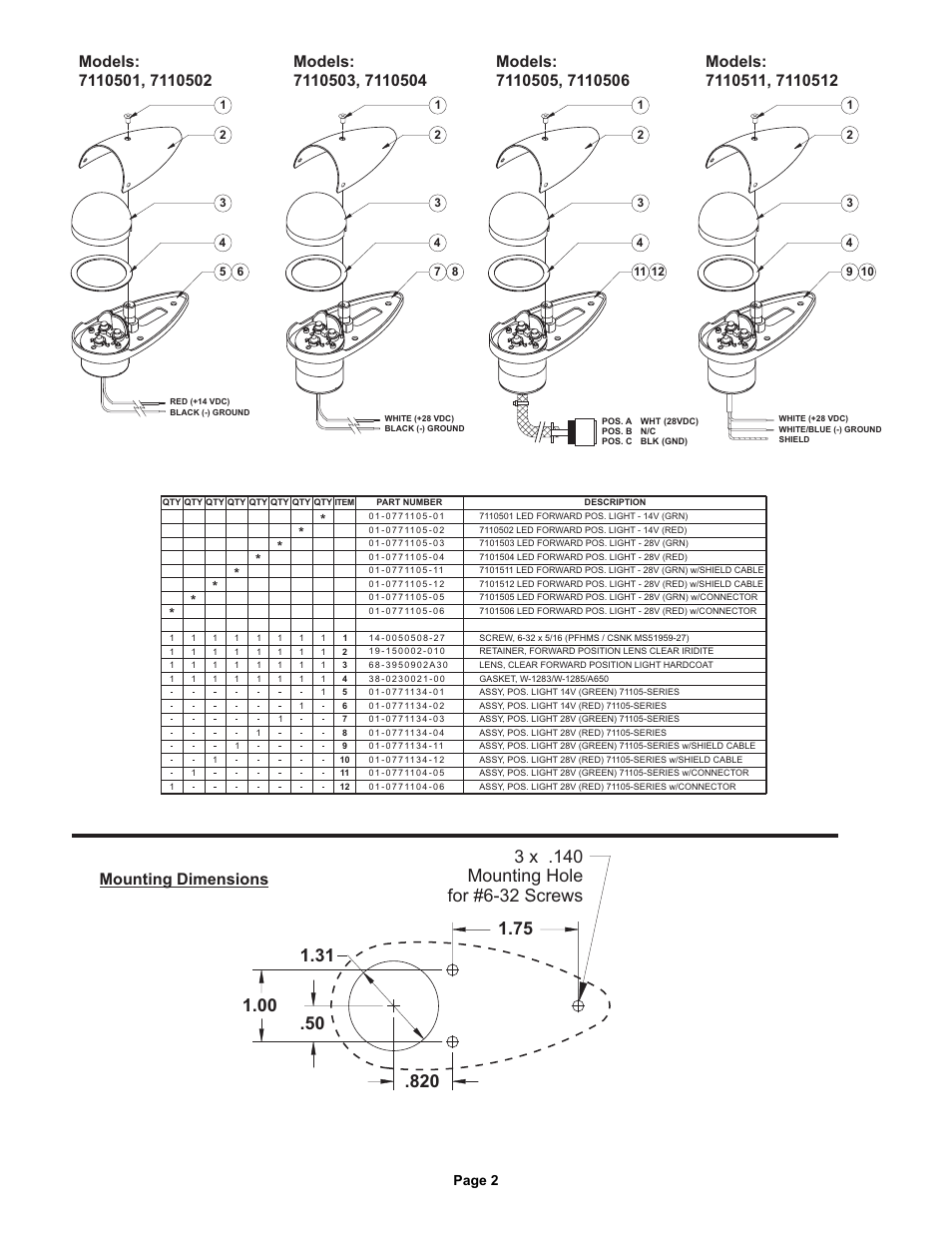 Mounting dimensions | Whelen 7110501 User Manual | Page 2 / 2