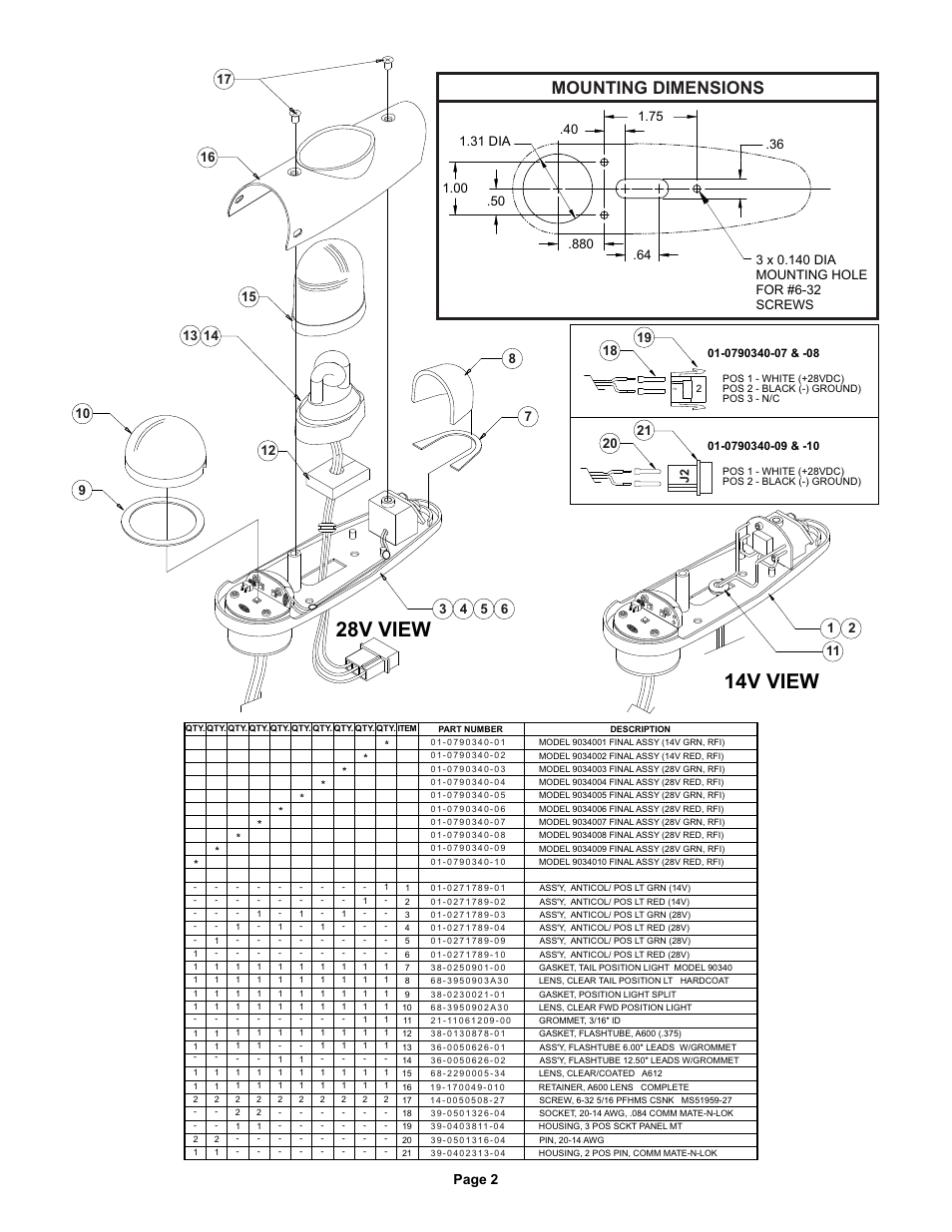 14v view 28v view, Mounting dimensions, Page 2 | Whelen 90340 series User Manual | Page 2 / 2