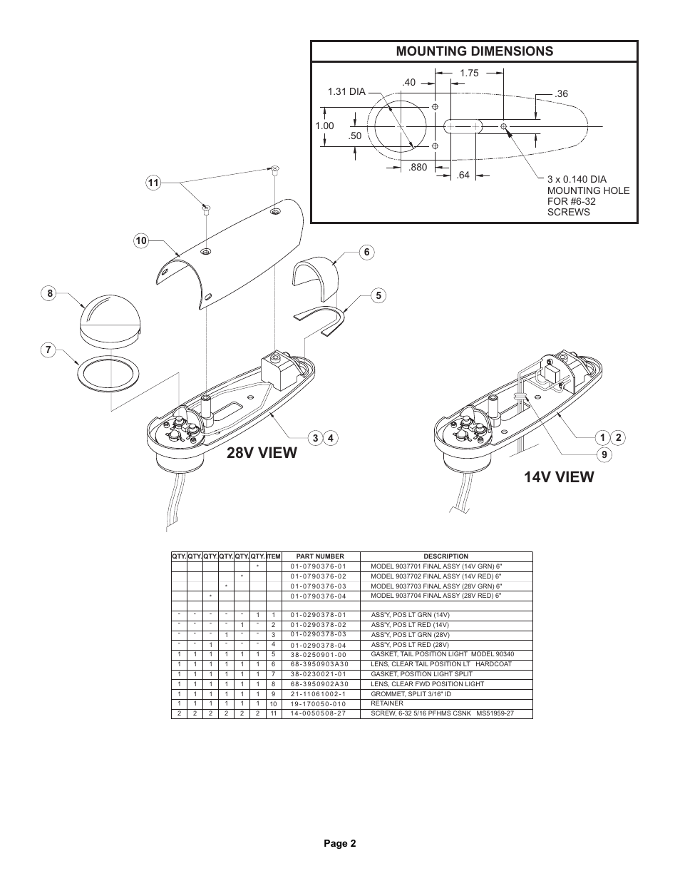 14v view 28v view, Mounting dimensions | Whelen 9037701 User Manual | Page 2 / 2