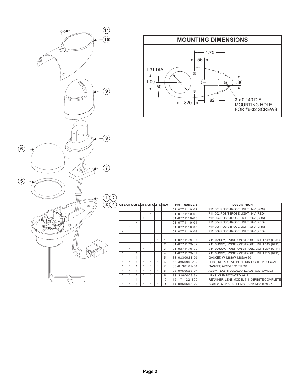 Mounting dimensions, Page 2 | Whelen 7111001 User Manual | Page 2 / 2