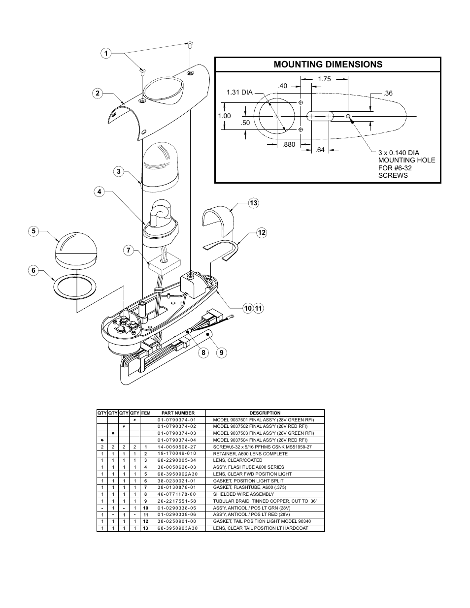 Mounting dimensions | Whelen 9037501 User Manual | Page 2 / 2