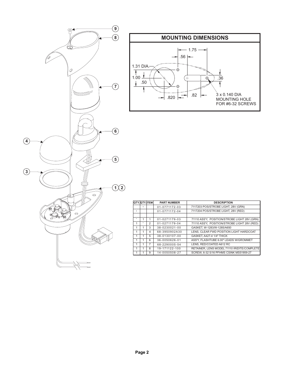 Mounting dimensions | Whelen 7117203 User Manual | Page 2 / 2