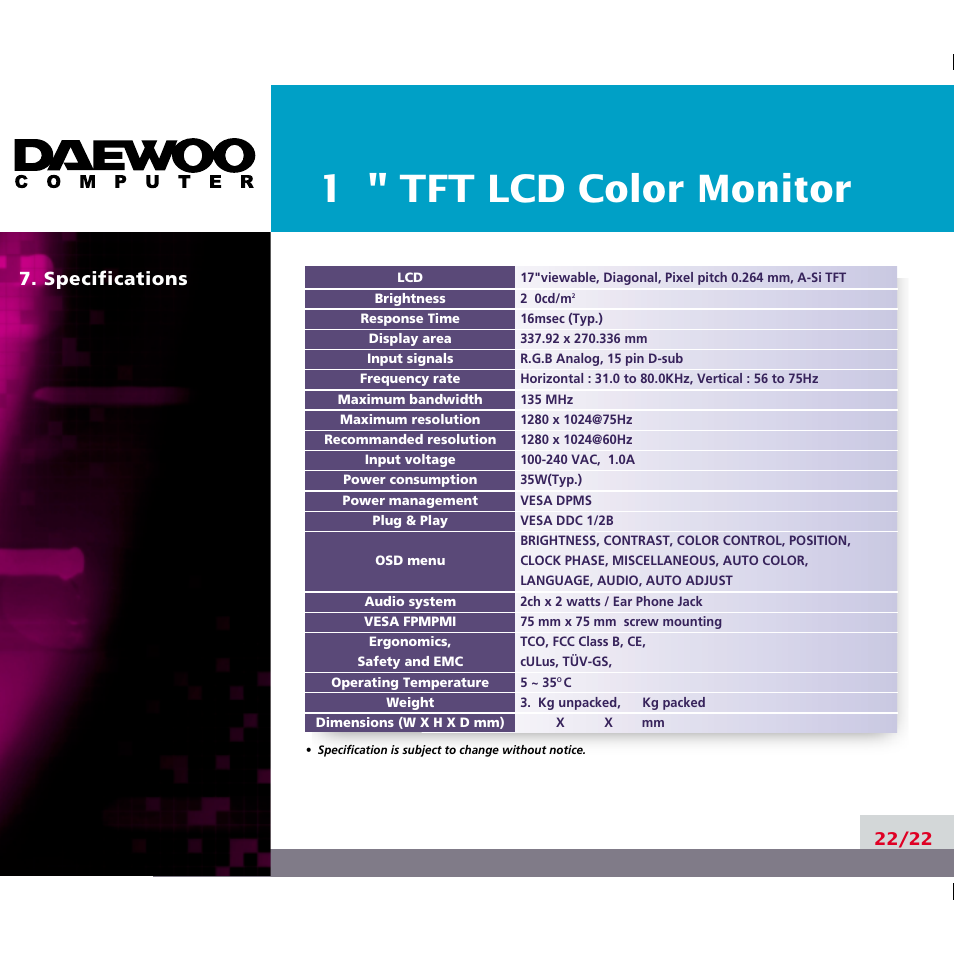 Specifications | Daewoo F227B User Manual | Page 25 / 25