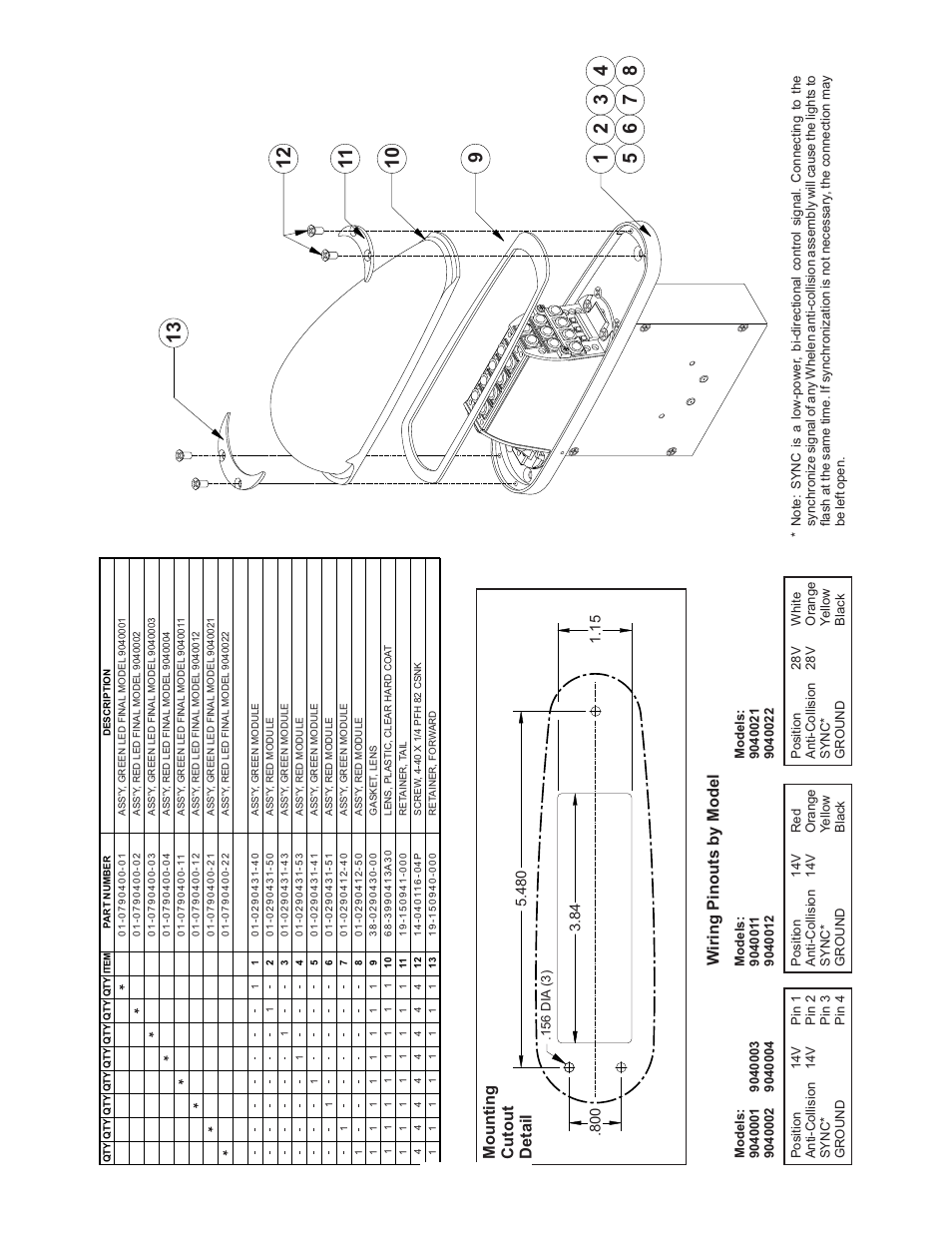 Wiring pinouts by model mounting cutout detail | Whelen 9040001 User Manual | Page 2 / 2