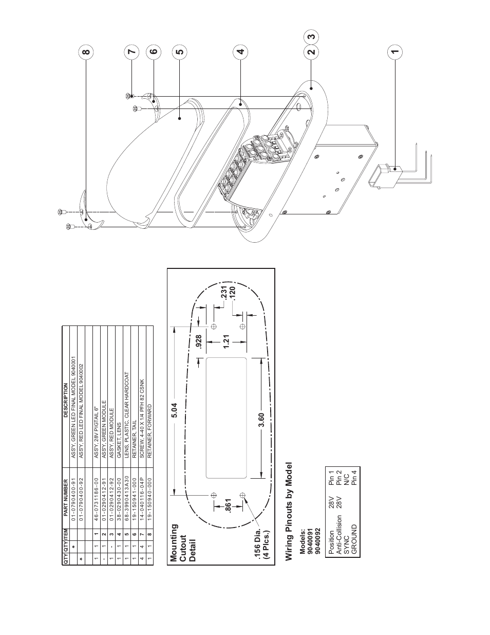 Wiring pinouts by model mounting cutout detail | Whelen 9040091 User Manual | Page 2 / 2