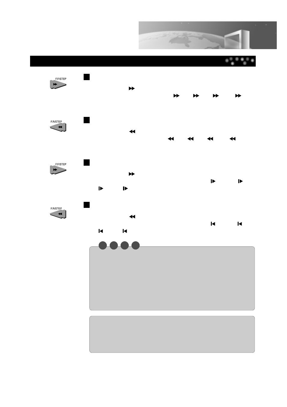 Search forward, Search back, Forward playback in slow-motion {dvd/vcd | Reverse playback in slow-motion {dvd/vcd | Daewoo DDT-21H9 S User Manual | Page 26 / 54