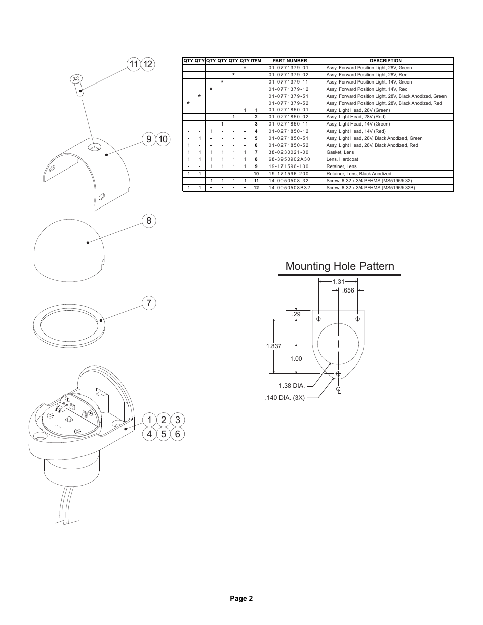 Mounting hole pattern | Whelen 7137901 User Manual | Page 2 / 2