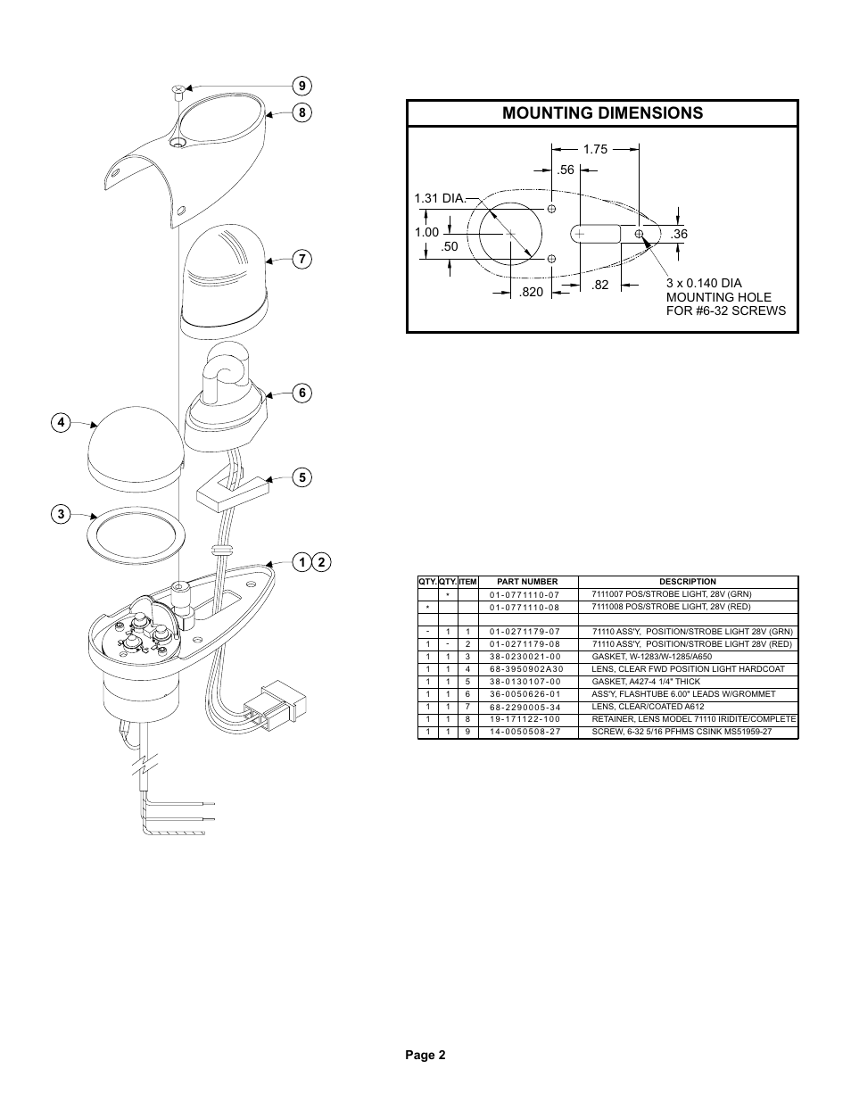 Mounting dimensions | Whelen 7111007 User Manual | Page 2 / 2