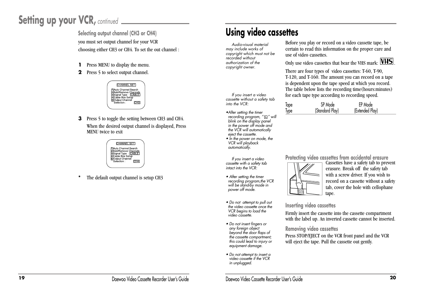 Setting up your vcr, Using video cassettes, Continued | Daewoo DV-T5DN User Manual | Page 13 / 22